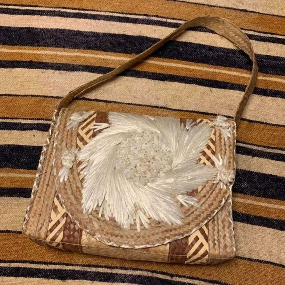 Vintage Woven Shoulder Bag Tropical Floral Raffia Beachy Boho Bohemian Brown